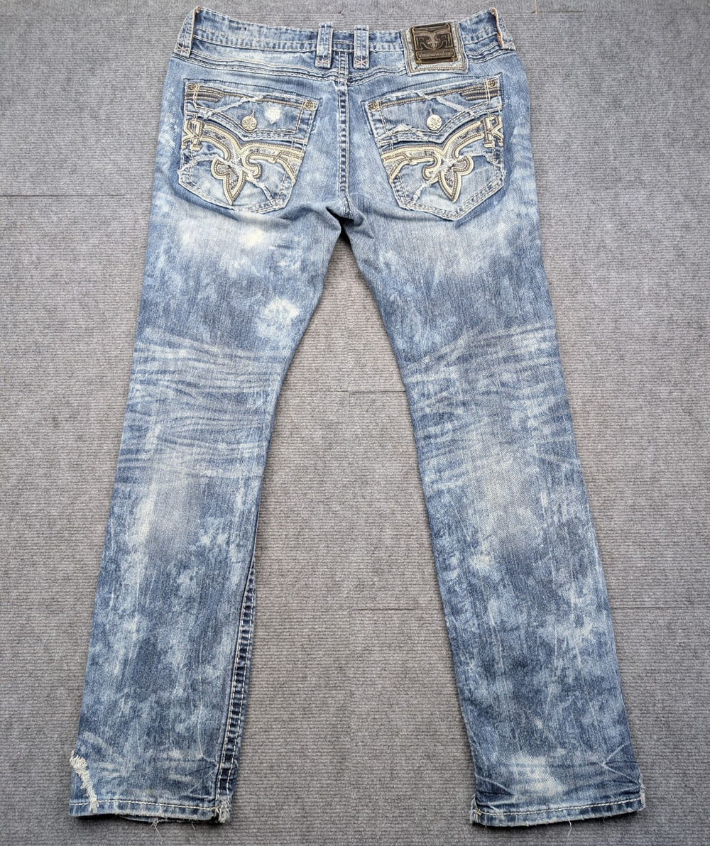 Rock Revival Jeans Mens 36 Y2K Embroidered Distressed Flap Pocket Acid Whisker